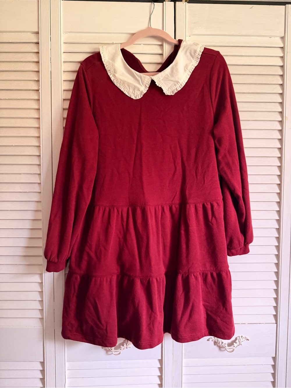 Red Long-Sleeve Dress with White Peter Pan Collar